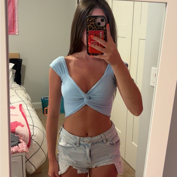 SHEIN Tops - SHEIN Sky Blue Twist Front Crop Top